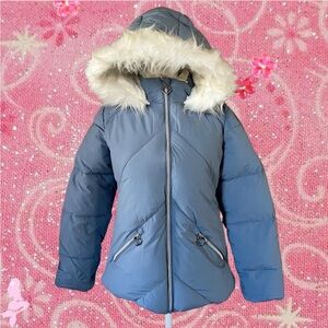 Blue Hooded Puffer Jacket with Faux Fur Trim